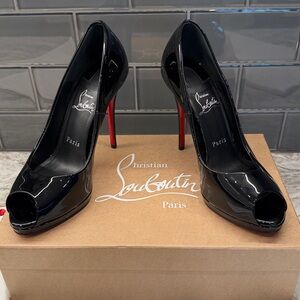 Christian Louboutin Black Patent Peep-Toe Stilettos with Red Sole